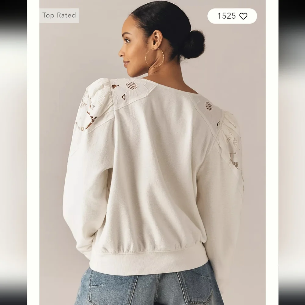 Anthropologie Lace Cutwork Mutton-Sleeve Top, Size Large - Picture 6 of 12